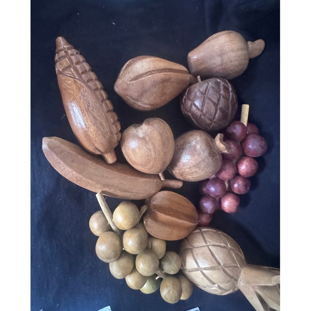 Vintage MCM Hand Carved Monkey Wood Fruit Set Rustic Decorative 11 Piece